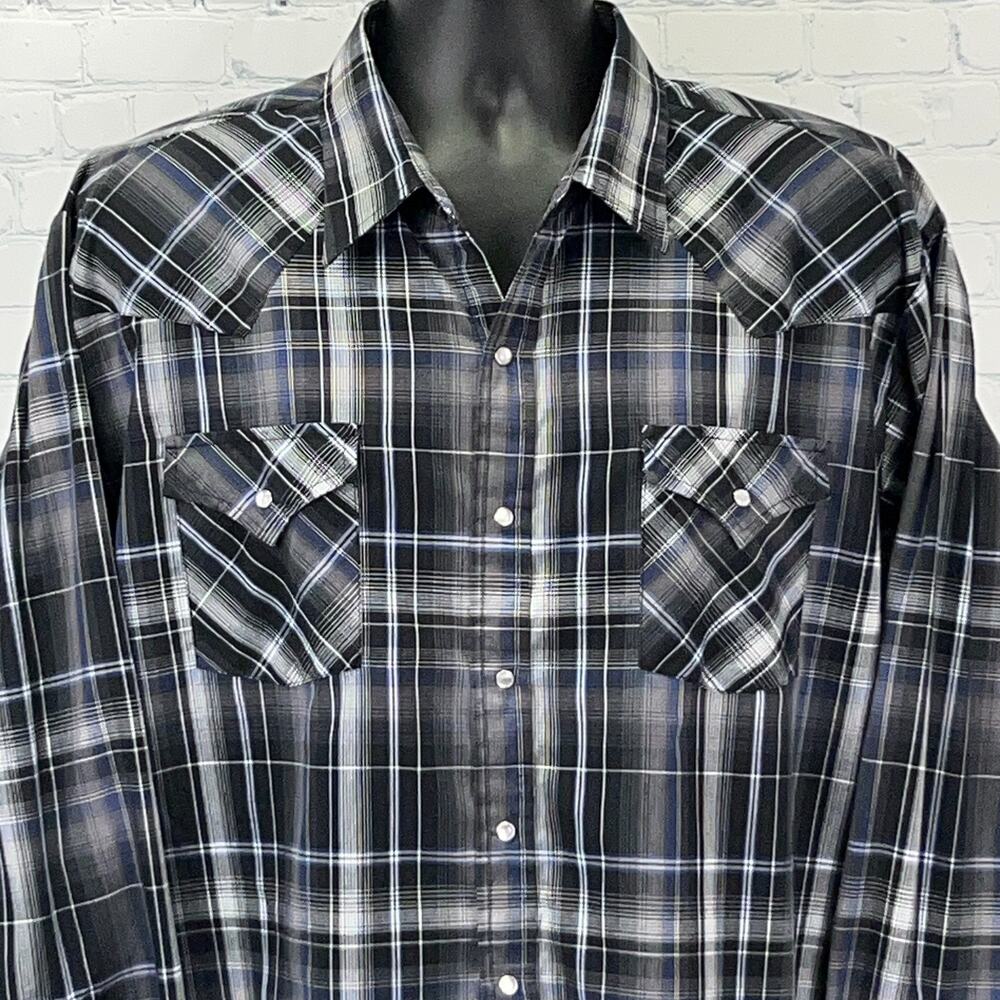 Ely Cattleman Pearl Snap Button Front Shirt Western LS Plaid Black 2XL Tall XXLT